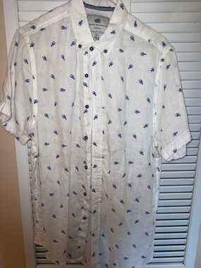 Report Short-Sleeve Linen Shirt - White with Blue Print